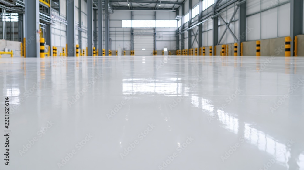 Fototapeta premium The Warehouse Interior with Pristine Reflective Floor and Industrial Pillars