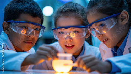 Children wearing safety goggles conducting a science experiment in a lab