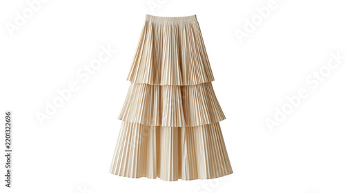 Beige tiered pleated midi skirt with elastic waistband
