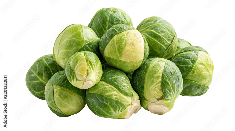 Fototapeta premium Fresh green Brussels sprouts pile with layered leaves and organic texture