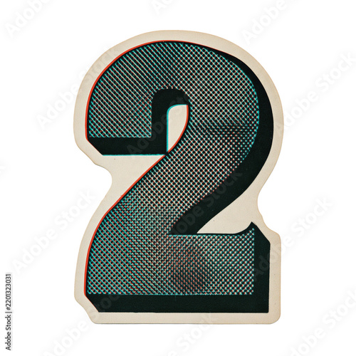 Halftone number two digit with die-cut sticker border isolated on a transparent background