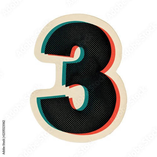 Halftone number three digit with die-cut sticker border isolated on a transparent background