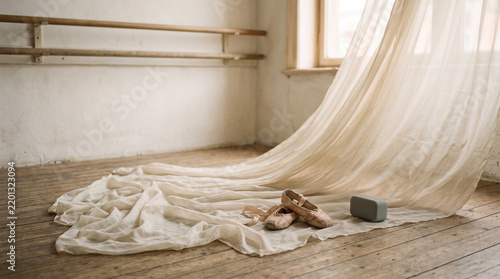 dance studio still life with pointe shoes fabric and ballet barre
