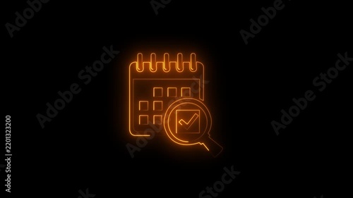 Neon orange Calendar with Check Mark and Magnifying Glass Icon, Appointment Planning, Schedule Management, Event Reminder, Business Organization, Glowing Outline