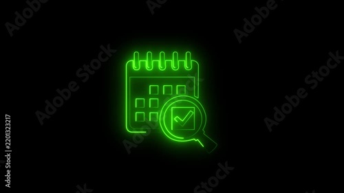Neon Green Calendar with Check Mark and Magnifying Glass Icon, Appointment Planning, Schedule Management, Event Reminder, Business Organization, Glowing Outline