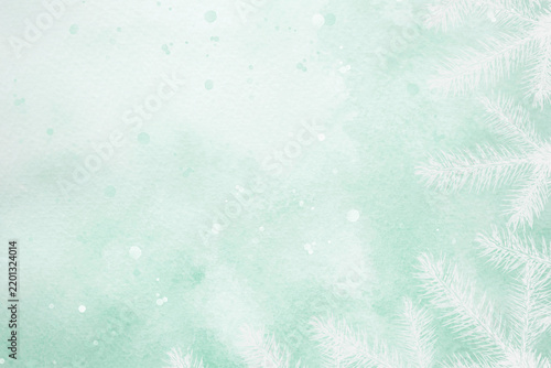 A green watercolor background with white fir branches for creating web banners for the winter holidays.