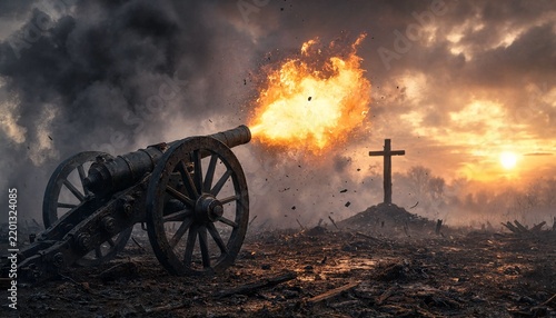 A vintage metal artillery cannon firing with fire and smoke on a dark war torn battlefield