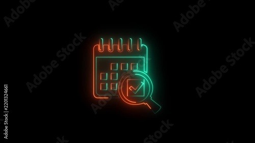 Neon cyan and orange Calendar with Check Mark and Magnifying Glass Icon, Appointment Planning, Schedule Management, Event Reminder, Business Organization, Glowing Outline