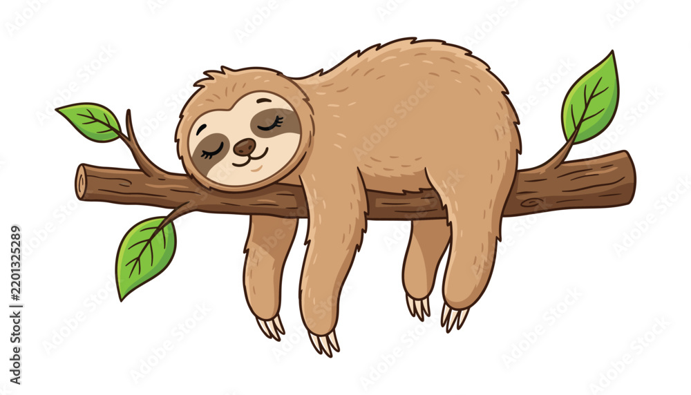Fototapeta premium Cute Sloth Sleeping on Tree Branch Vector Illustration Cute Wild Animal Hanging on Wood Limb with Leaves Design