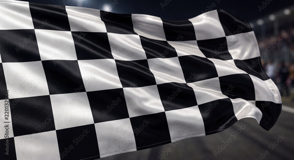 Obraz premium Checkered Flag Waving at Racetrack Finish Line