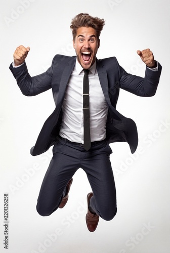 Excited Businessman Jumping in Midair Celebrating Success