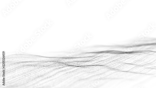 Digital dynamic wave of particles and lines. Abstract white futuristic background. Big data visualization. 3D rendering.