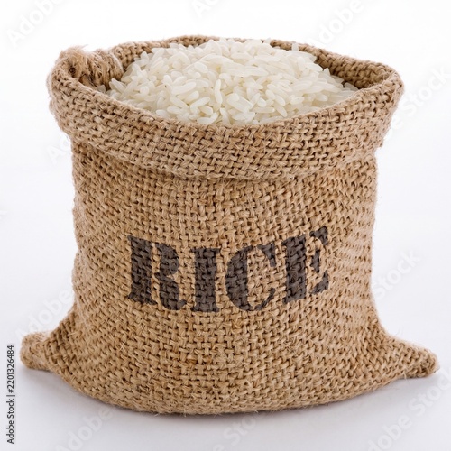 Raw White Jasmine Rice in a Burlap Sack Stamped Rice Isolated on White