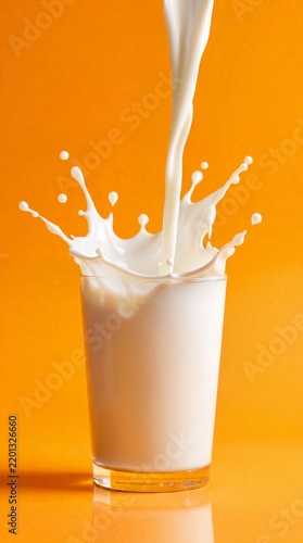 Pouring Fresh Milk Creating Splash in Glass on Vibrant Orange Background