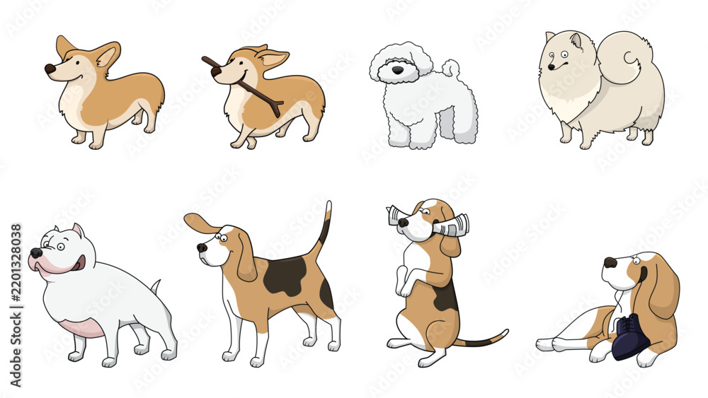 Obraz premium Cartoon dog breeds collection vector illustration with corgi poodle beagle and bulldog
