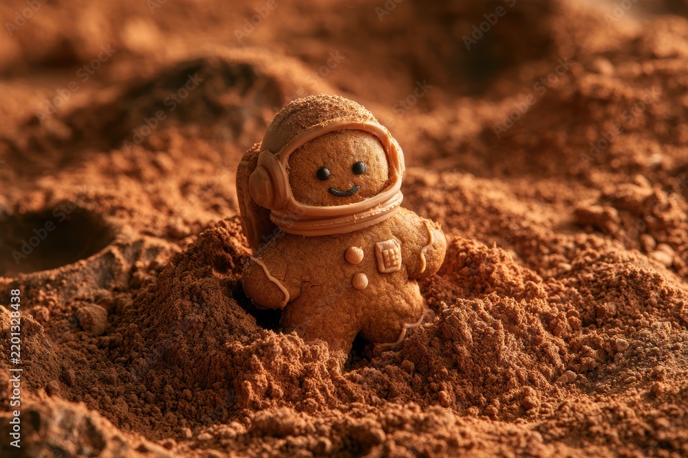 Fototapeta premium Gingerbread man in an astronaut suit standing on a cocoa powder landscape, creating a playful mars exploration scene