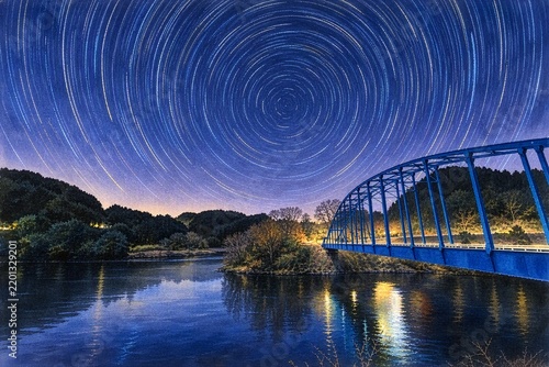 Watercolor Illustration of Star Trails Over Shorenji Dam Lake and Shorenji Bridge, Nabari, Mie, Japan