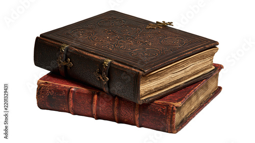 Antique leather bound books with ornate metal clasps and weathered pages