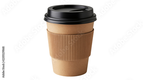Disposable brown paper coffee cup with black plastic lid and corrugated sleeve