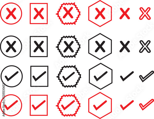 Set of check mark and cross symbols in flat design style