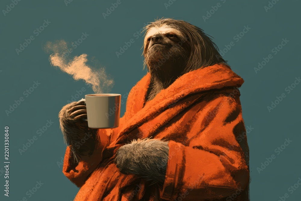Fototapeta premium Sloth wearing a warm orange bathrobe and holding a steaming cup of coffee
