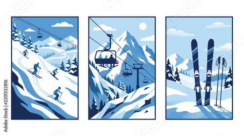 Ski resort vector poster set featuring blue monochromatic ski slopes, chairlift systems, and winter mountain sport equipment illustrations
