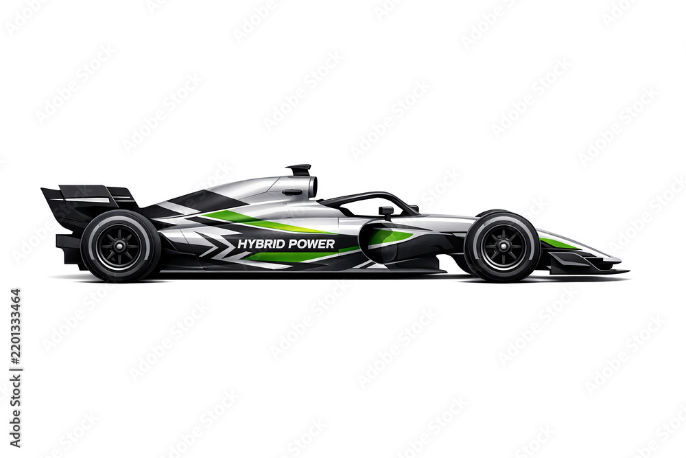 Obraz premium Hybrid race car from Formula 1 team with aerodynamic design and green and black livery.