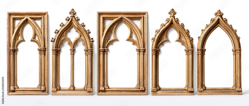 Fototapeta premium Five ornate gilded wooden gothic frames arranged in a row against a white background