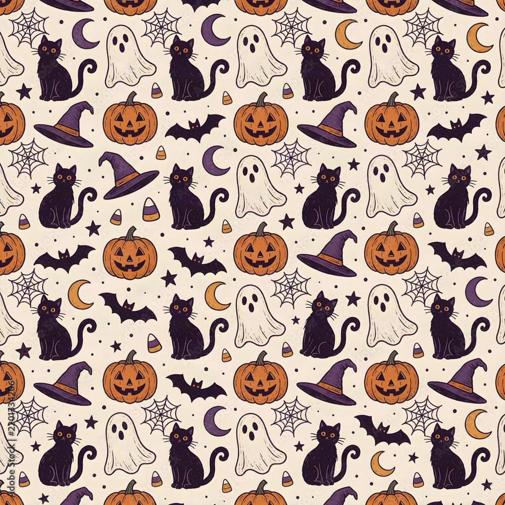 Obraz premium Halloween Seamless Pattern with Witches, Ghosts, Pumpkins and Crescent Moons