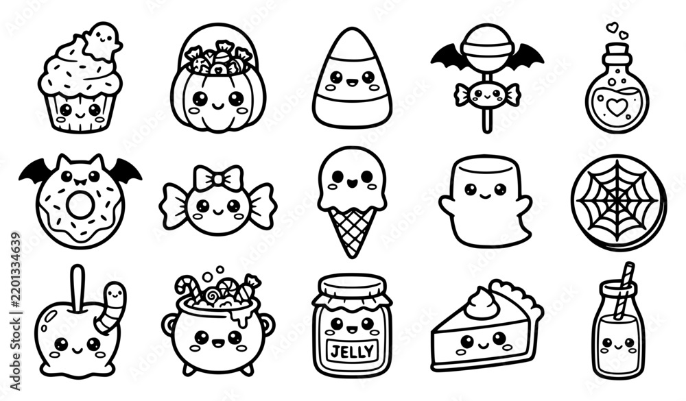 Fototapeta premium Kawaii Halloween Sweet Treats and Candy Vector Icons Collection