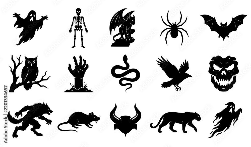 Fototapeta premium Spooky Creatures and Monsters Solid Black Vector Silhouette Collection