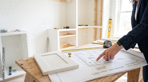 Designer reviews blueprints for custom walk-in closet built-in installation