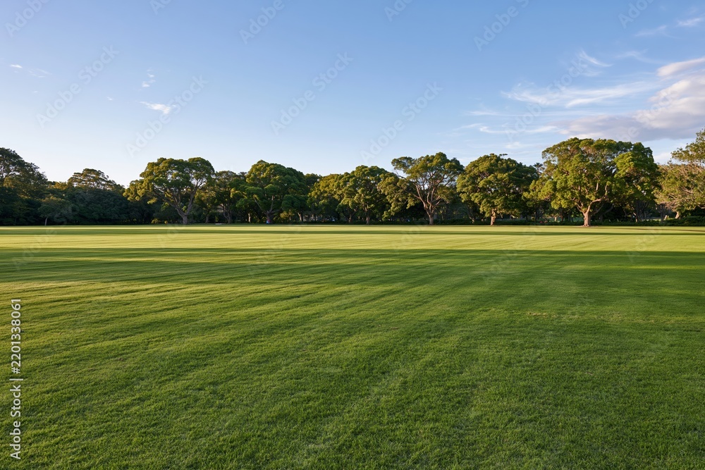 Fototapeta premium The Expansive Green Field in a Serene Park Setting under Bright Blue Sky