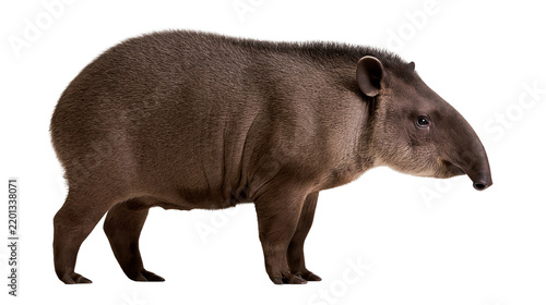 South American tapir standing in profile with dark brown fur and prehensile snout