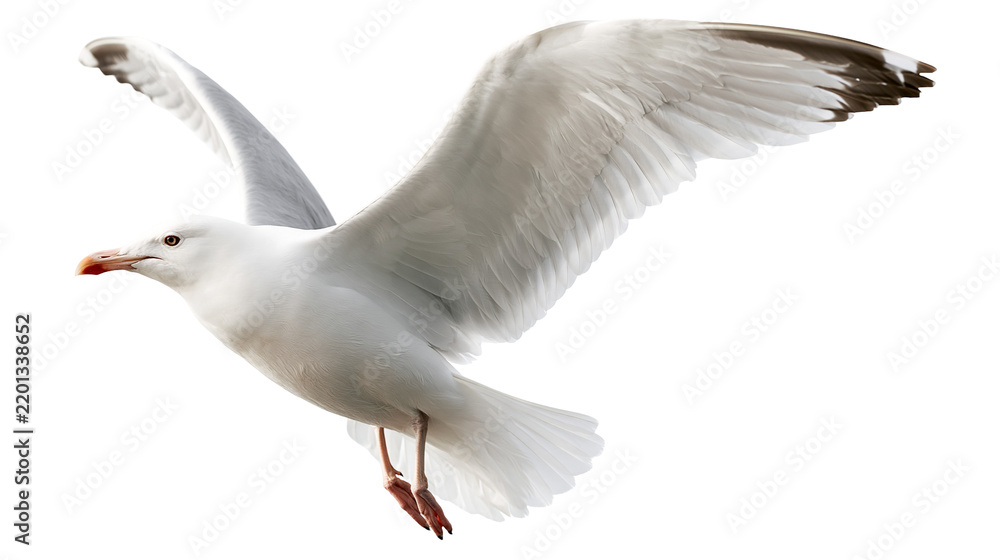 Fototapeta premium Flying white seagull with spread wings and orange beak