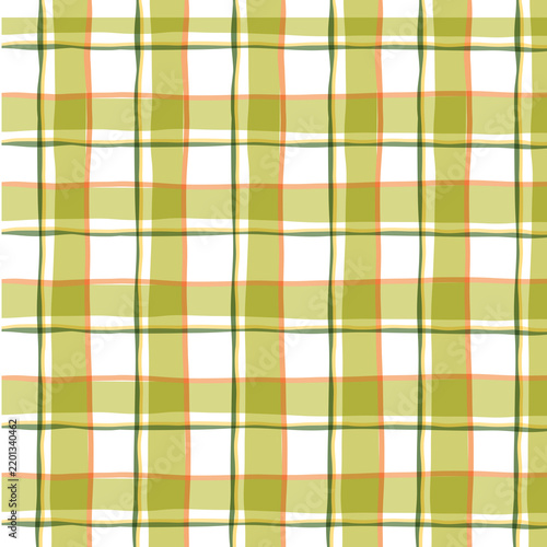 Hand painted watercolor plaid pattern in olive green and soft orange tones
