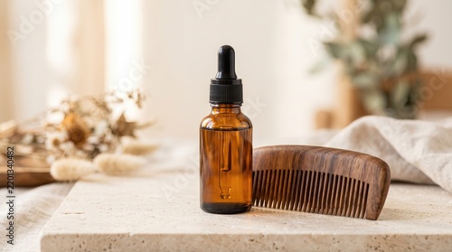 A brown glass dropper bottle next to a wooden comb on a light stone surface. The background features soft, neutral tones and dried flowers.