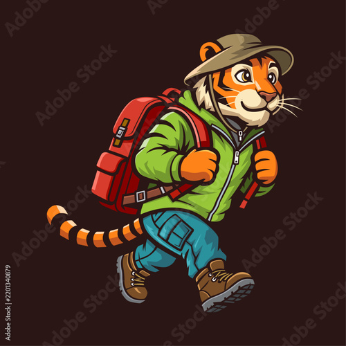 Tiger Adventure Hiking Mascot Vector