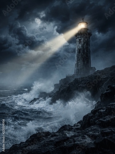 Lighthouse on Rocky Coast During Stormy Night