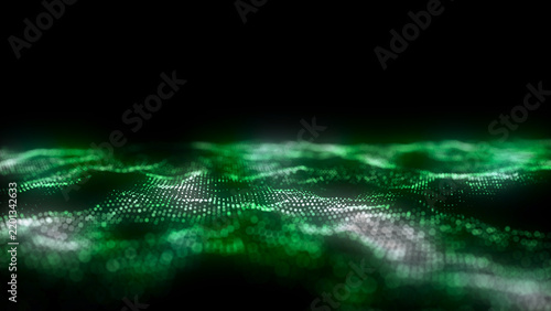 Abstract futuristic wave with moving dots. Flow of colored particles and lines. Cyber technology illustration. Big data visualization. 3d rendering