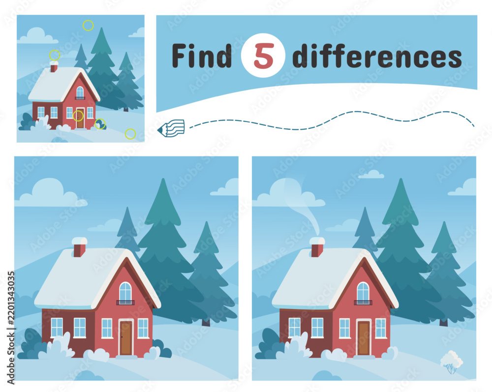 Obraz premium Find differences children play template. Winter landscape with cozy cottage in forest. House, snow and nature, tree and bushes. Educational game, vector design