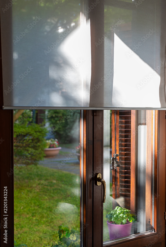 Fototapeta premium Cozy Sunny Green Garden View Through Window with Traditional Wooden Shutters