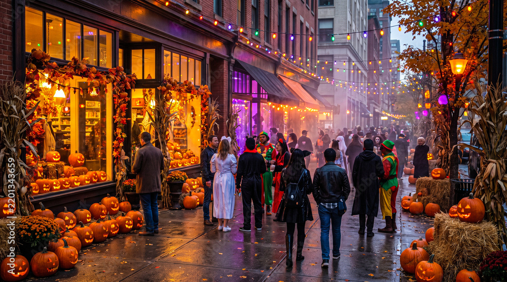 Obraz premium People in costumes walking on decorated city street during Halloween autumn festival with glowing pumpkins and string lights