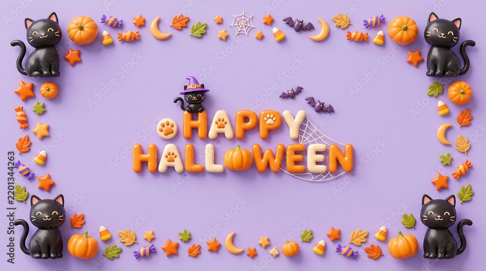 Fototapeta premium Cute cartoon happy halloween message with cats and candy on a cheerful light purple flat layout