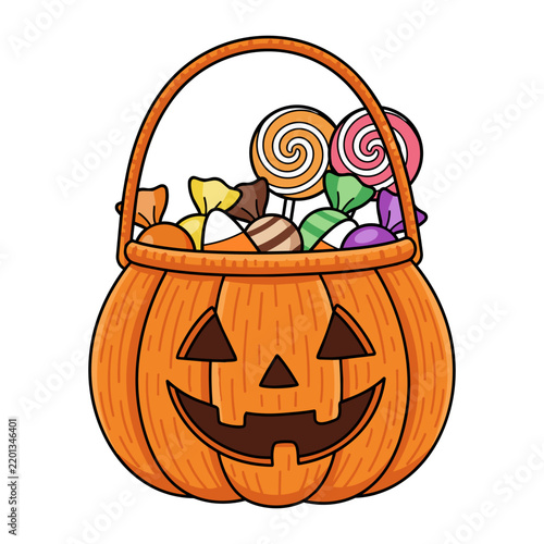 Cute Halloween jack-o-lantern pumpkin basket full of candies and lollipops isolated on a white background, cartoon illustration.