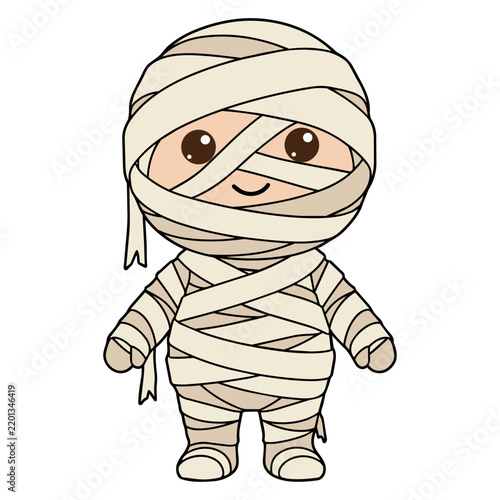 Cute kawaii mummy character wrapped in bandages isolated on a white background, cartoon illustration.