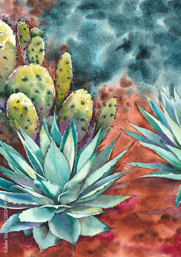Hand-painted watercolor illustration of prickly pear cactus and agave plants in a rich desert-inspired composition. Colorful botanical artwork with textured foliage and a warm, atmospheric background.