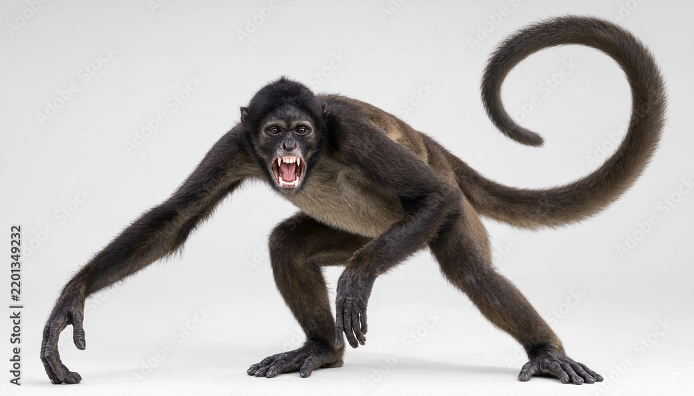 Fototapeta premium Aggressive spider monkey snarling, dark brown fur primate posture, background cutout image, wildlife biology study presentation.