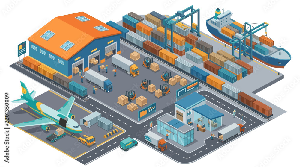 Fototapeta premium Logistics hub infrastructure features cargo ships, freight airplanes, and warehouses.