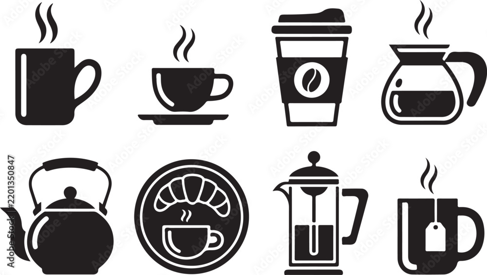 Obraz premium Black silhouette vector icons depicting coffee mugs teapots and related drinkware